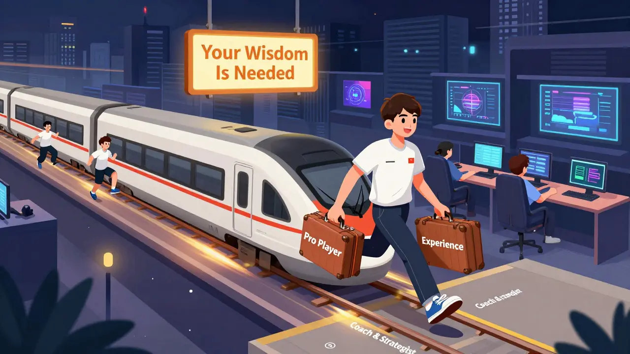 31-летний игрок покидает роль профессионала и переходит к роли тренера, символически переходя с поезда на платформу мудрости.