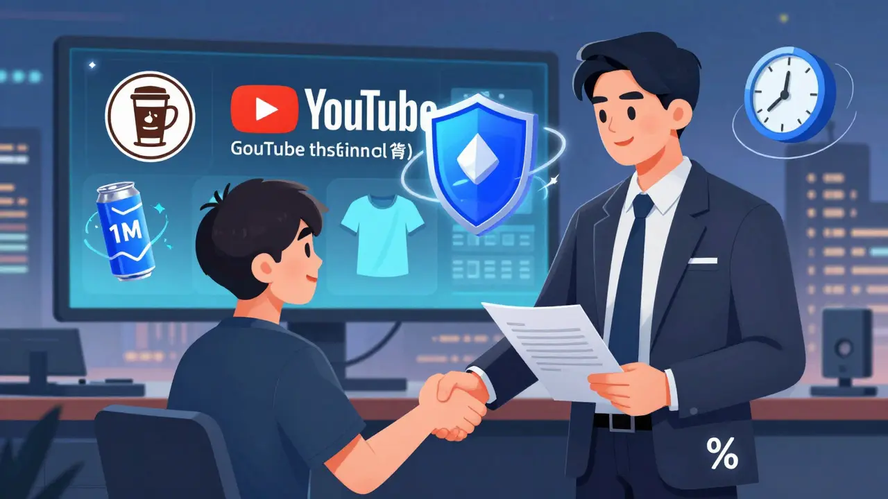 Агент заключает контракт с игроком, за его спиной — цифровой бренд: кофейня, YouTube-канал и одежда, сияющий значок процента.