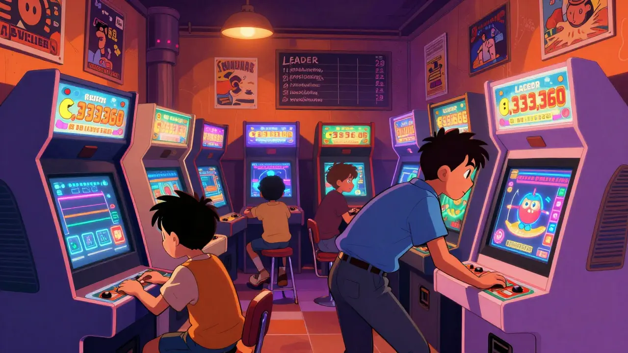 Билли Митчелл устанавливает рекорд в Pac-Man в аркаде 1980-х, вокруг — толпа зрителей.