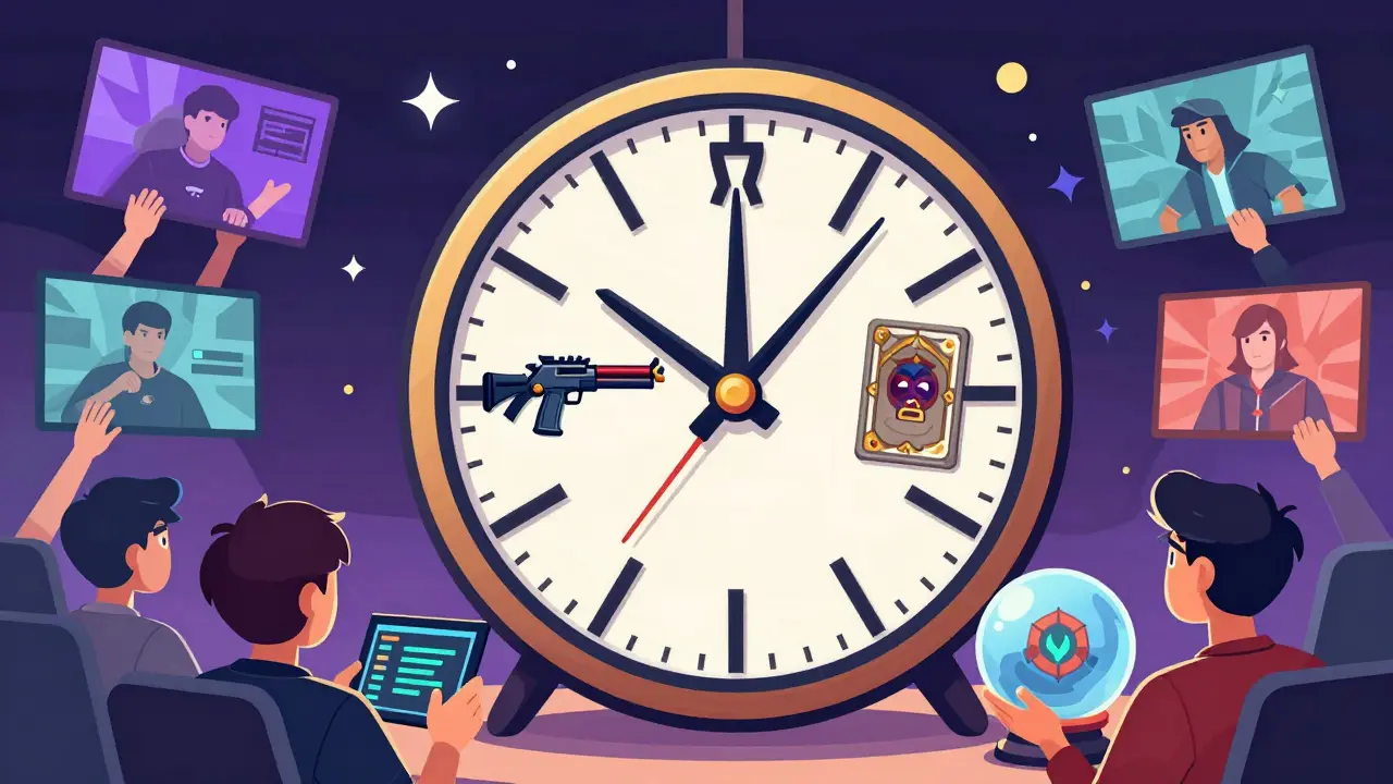 Часы с символами игр в качестве стрелок, вокруг — игроки, анализирующие метагейм и предвосхищающие обновления.