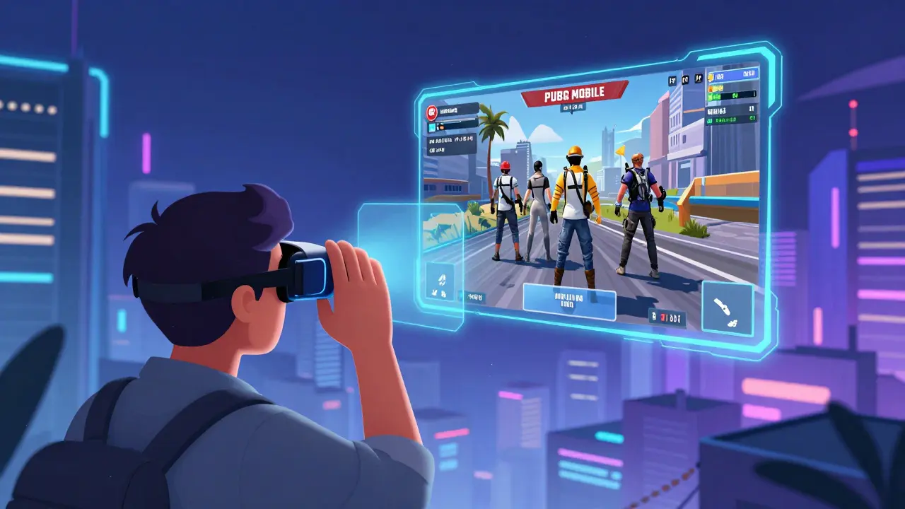 Человек в AR-очках наблюдает голографические матчи PUBG Mobile и Fortnite в футуристическом городе