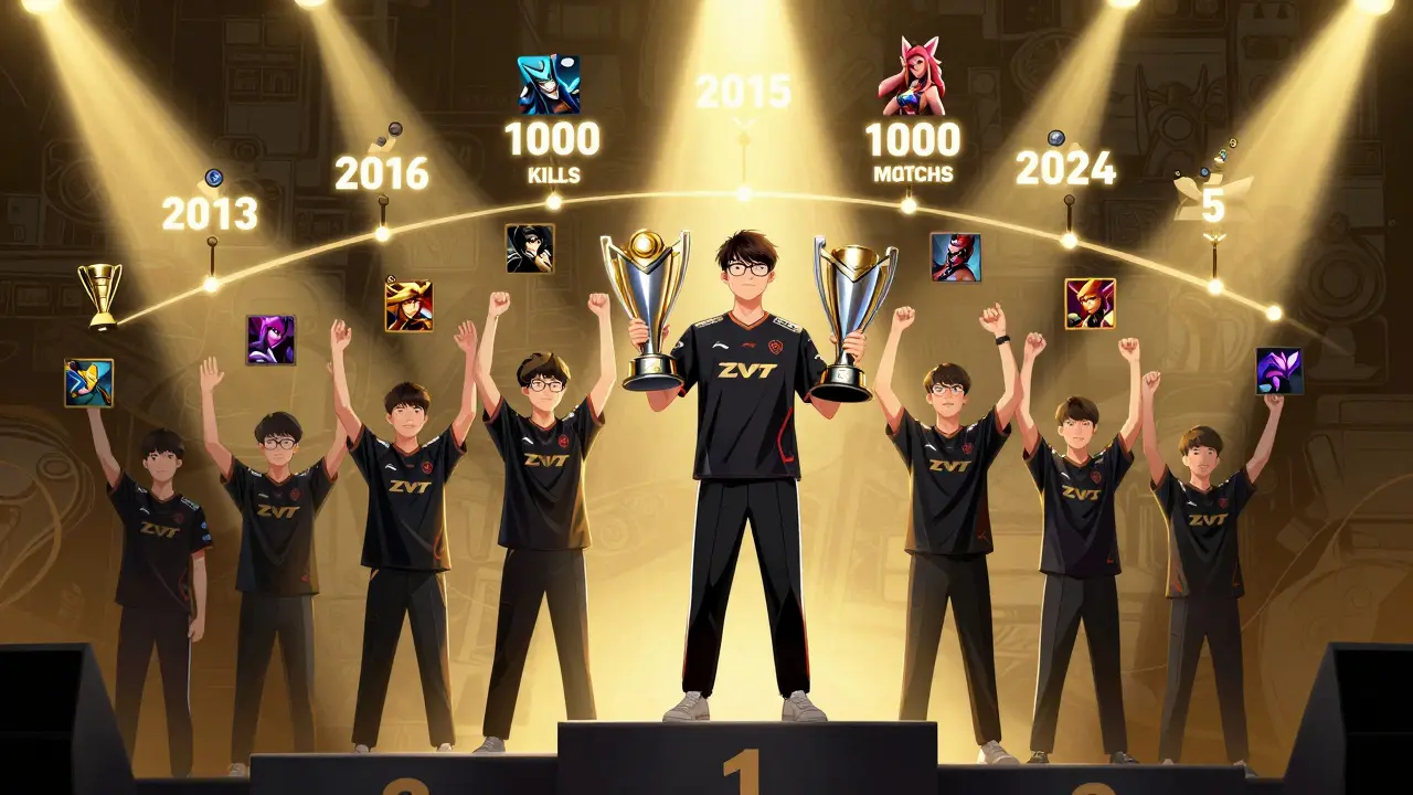 Фейкер на пьедестале с двумя трофеями Worlds, за ним хронология его побед и статистика.