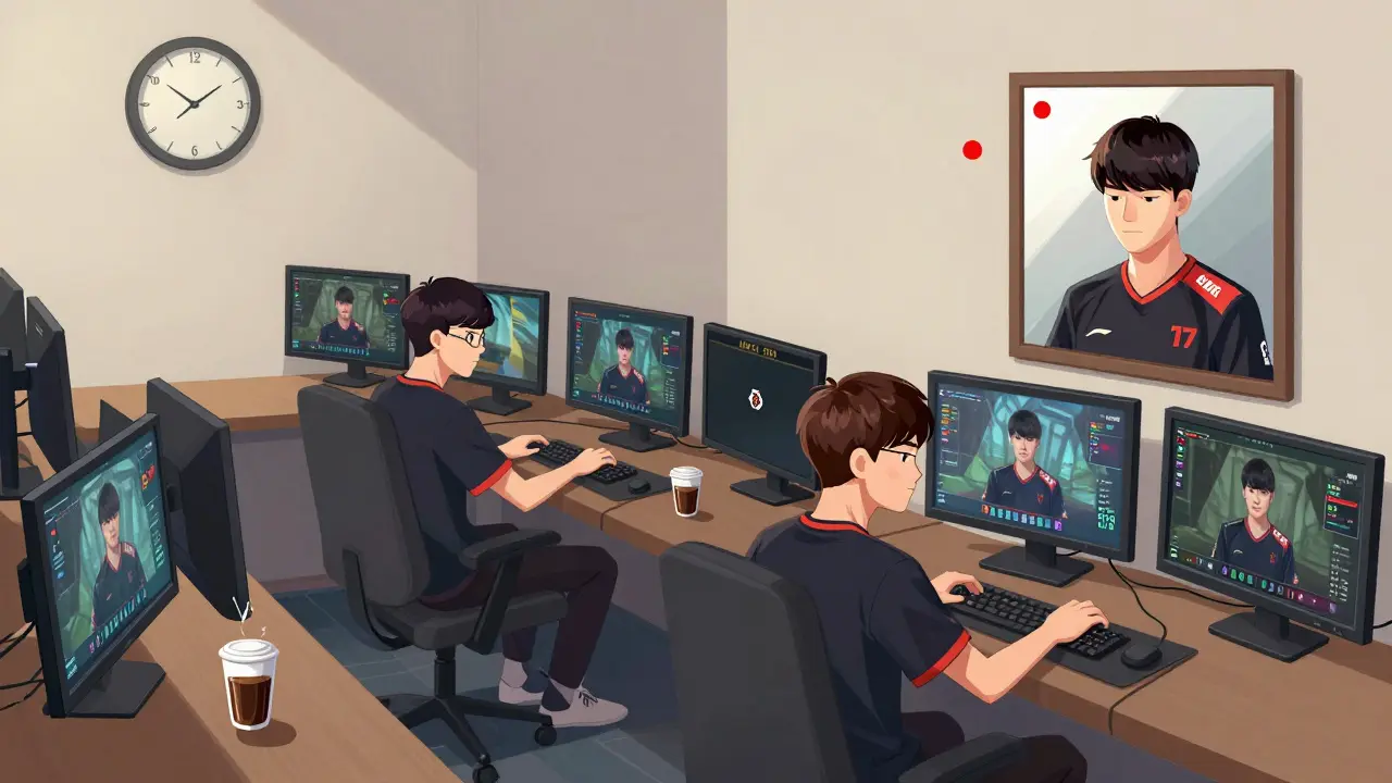 Фейкер в тихой комнате на рассвете, его отражение в зеркале показывает его юный образ, вокруг мониторы с матчами.