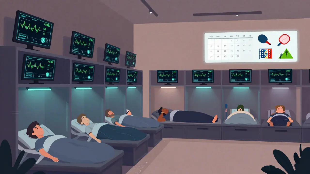 Футуристическая команда киберспортсменов с ИИ-мониторингом здоровья и графиком отдыха.