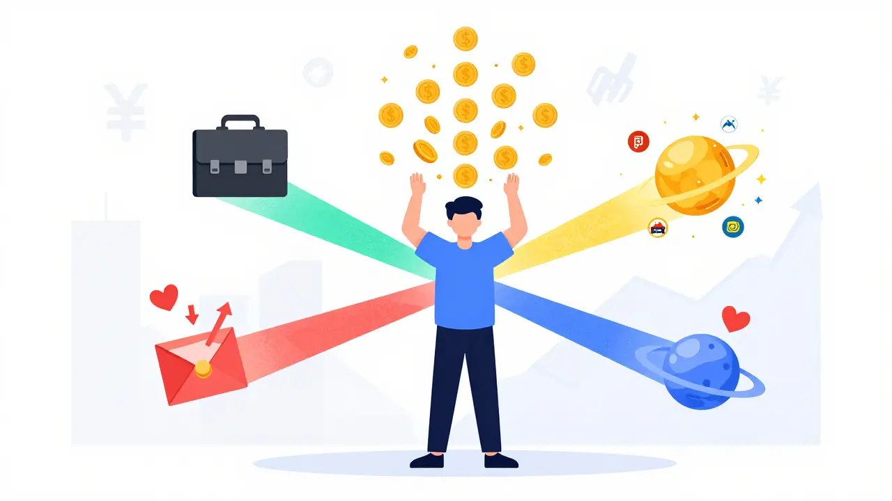 Геймер с четырьмя источниками дохода: зарплата, призы, спонсоры и стриминг, визуализированные как потоки энергии.