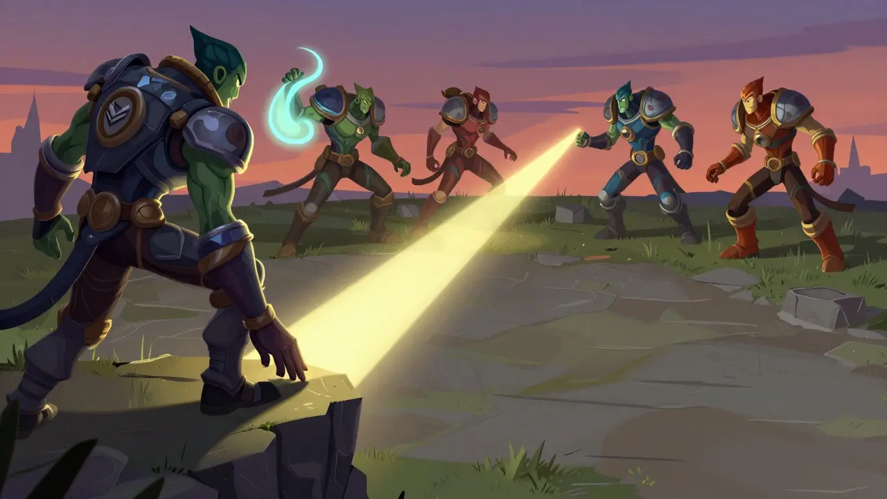 Гибридные герои Dota 2 в будущем бою, один игрок ставит вард на пустой линии в сумерках.