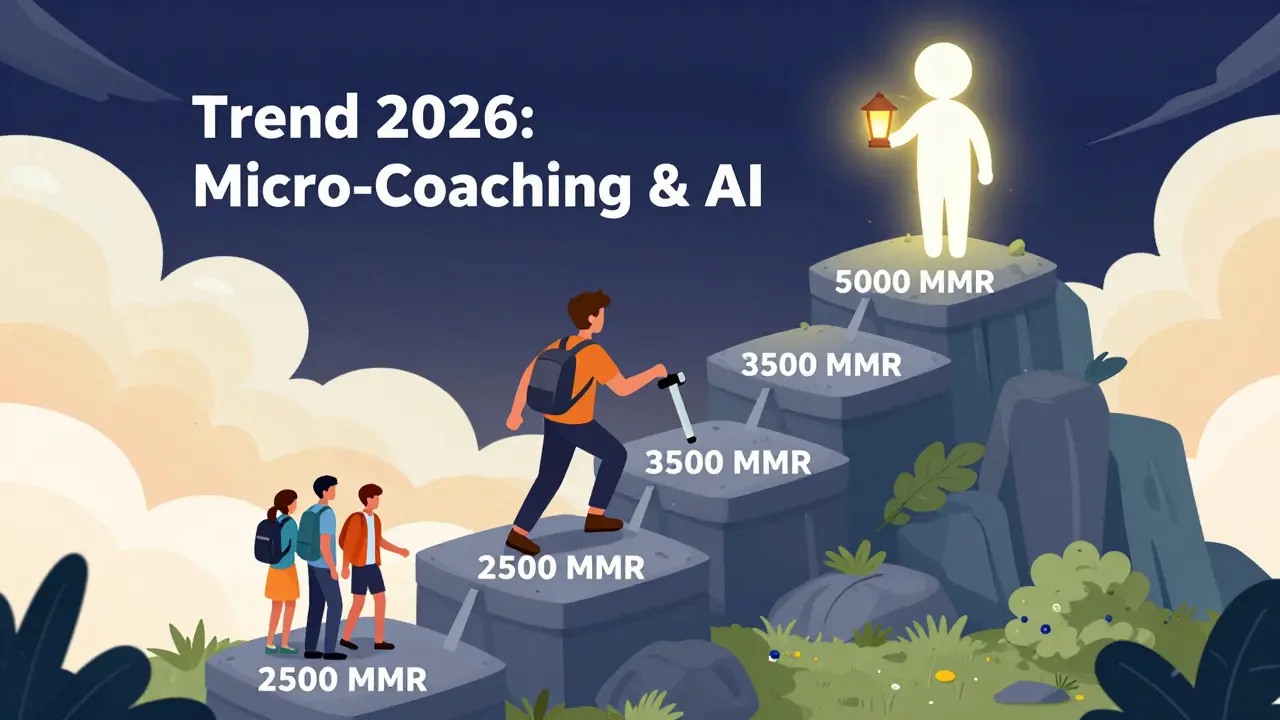 Игрок поднимается по ступеням MMR, на каждой — разные инструменты обучения, вверху — тренер с фонарём и надпись 'Тренды 2026'.