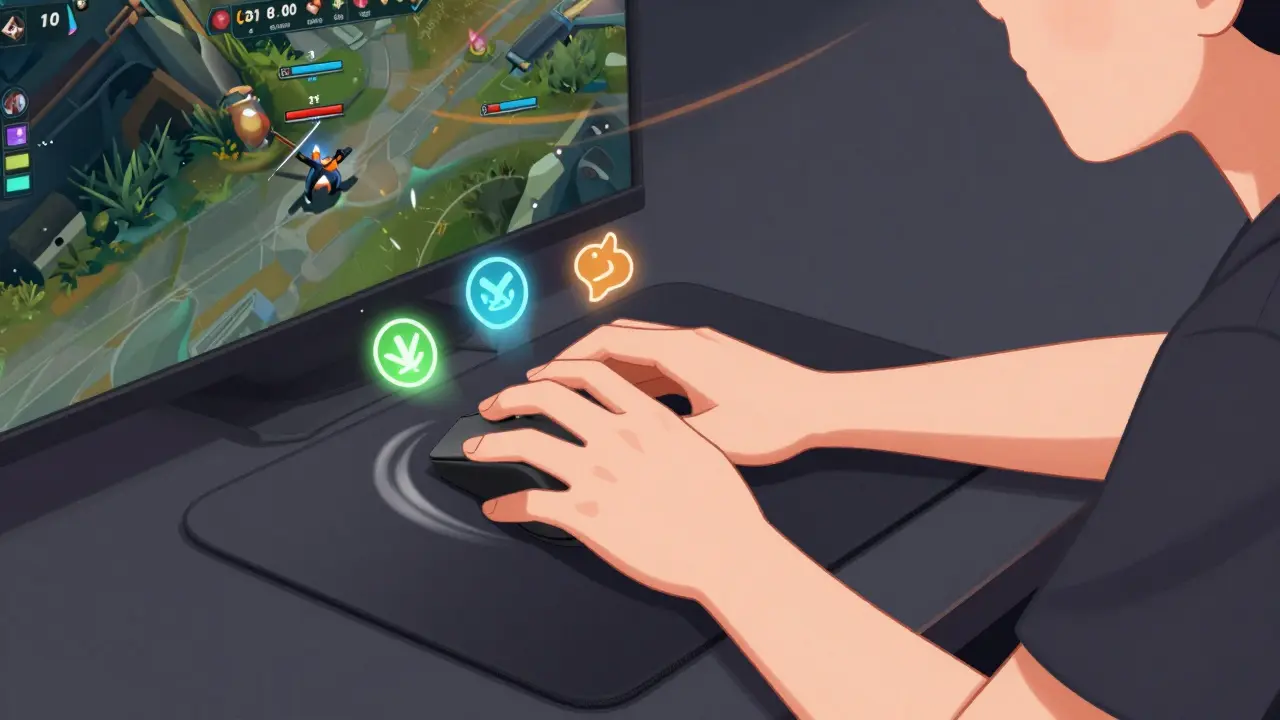 Игрок с когтевым хватом на балансированном коврике, вокруг него вспышки точности и скорости.