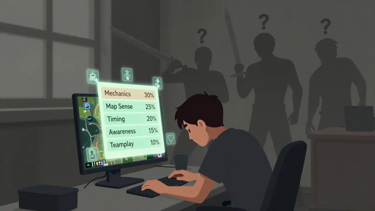 Игрок смотрит на экран Dota 2, вокруг него парят иконки ролей и чек-лист для выбора позиции.