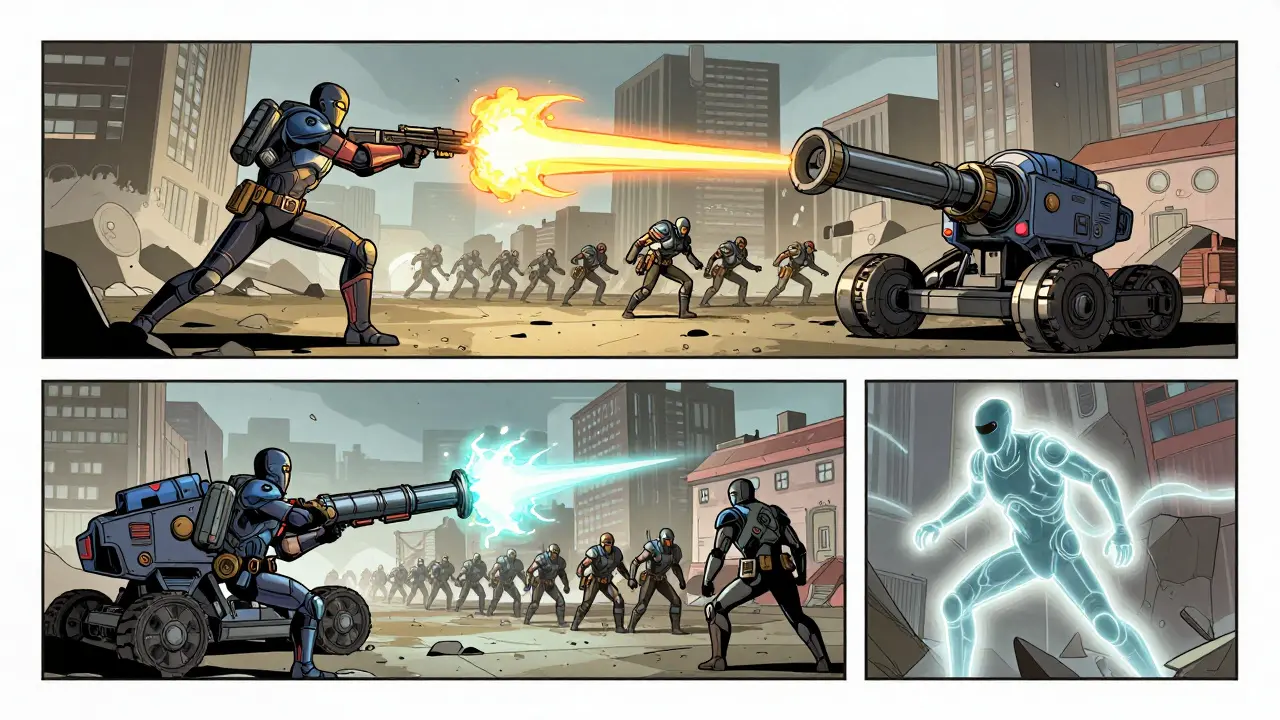 Команда героев в действии: один отключает способности врага, другой разрушает солдат, третий исчезает в невидимости.