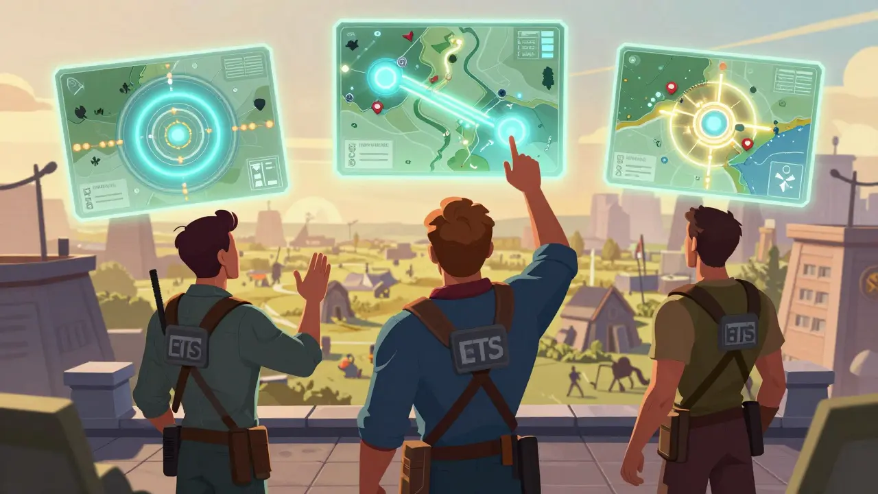 Команда обсуждает тактику на крыше, перед ними — три голографические карты: прорыв, контроль и фланг.