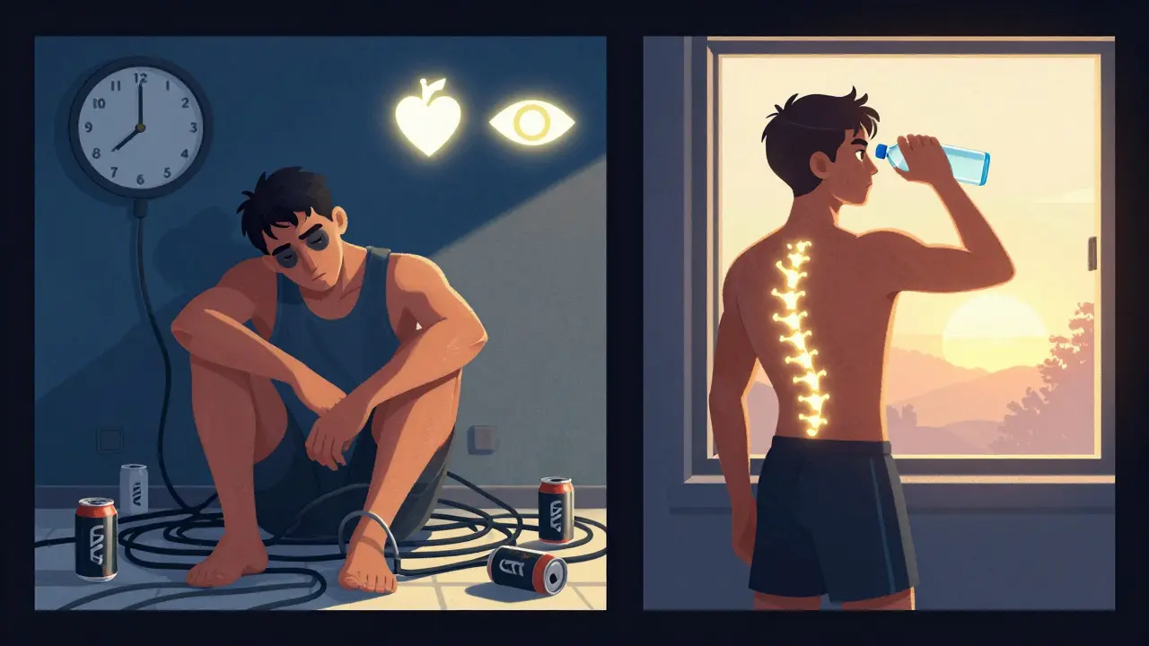 Контраст между выгоревшим и здоровым киберспортсменом с визуальными индикаторами состояния.