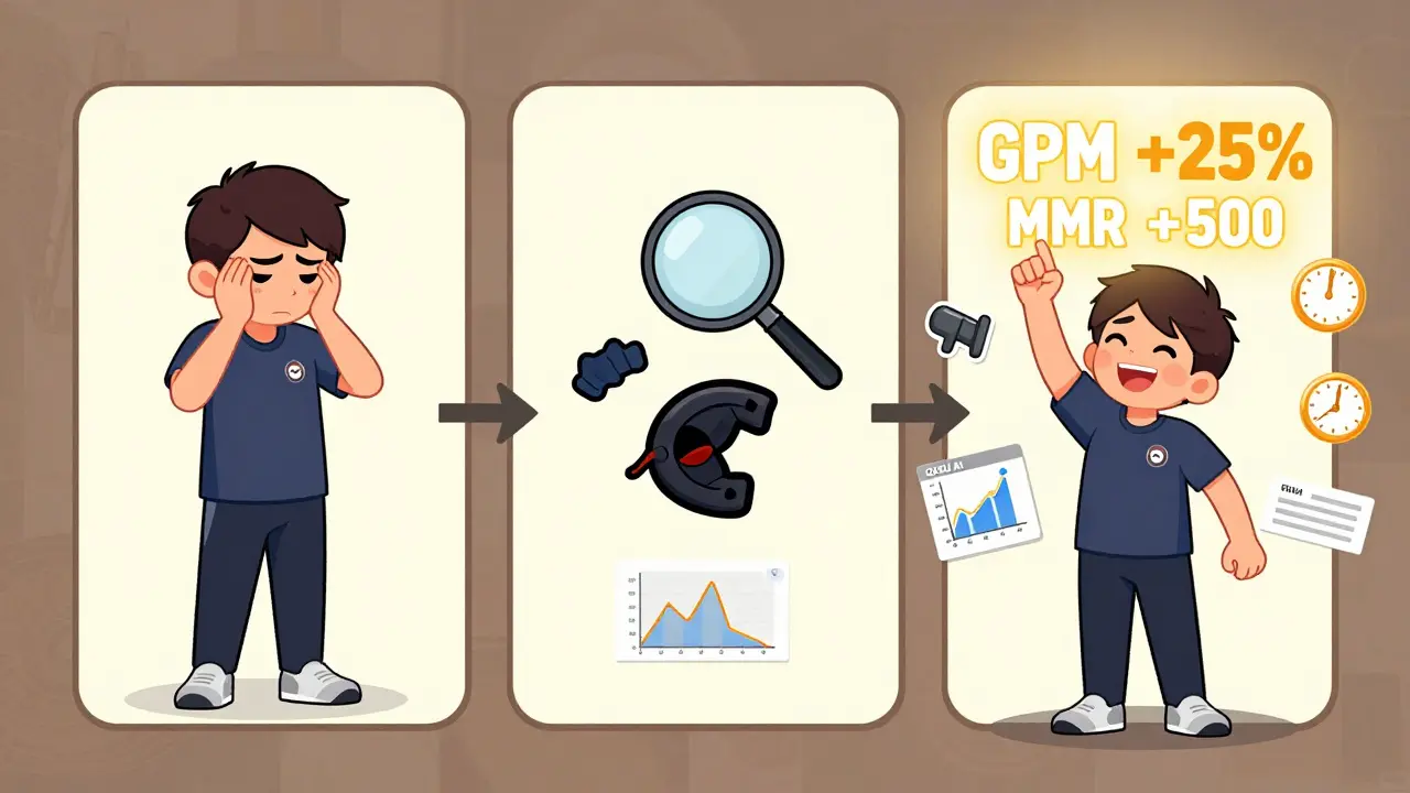 Путь игрока от поражения к прогрессу: три этапа с визуальными статистиками и инструментами.