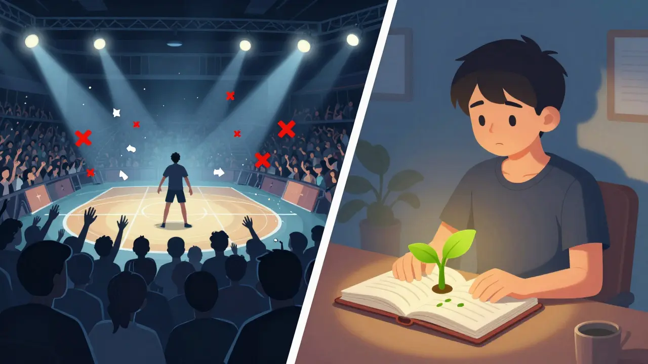 Разделенная сцена: игрок в панике на турнире слева и спокойно ведущий дневник игр справа, символизирующий переход от страха к росту.