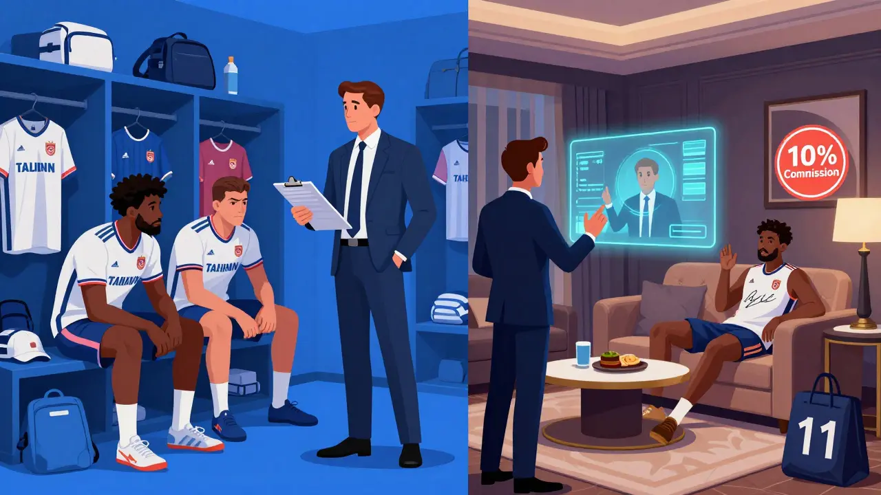 Разделённая сцена: менеджер улаживает конфликт в команде, агент ведёт переговоры о личном бренде игрока — два разных мира, одна цель.