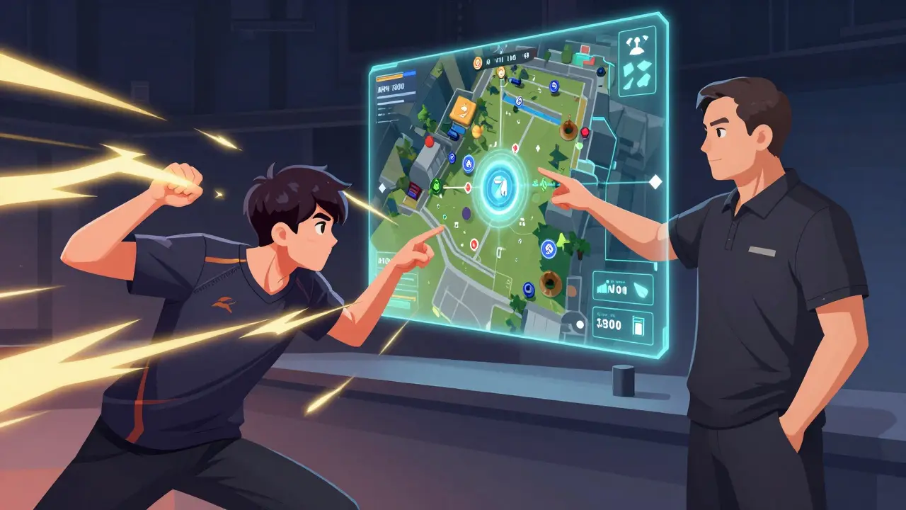 Разделенная сцена: молодой игрок с высокой скоростью кликов и опытный тренер, анализирующий тактику на голограмме.