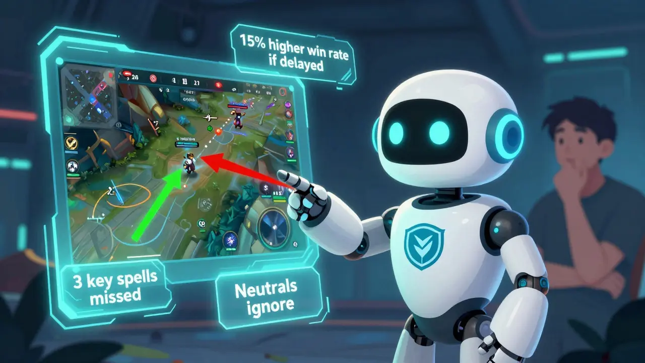 Робот-ассистент с ИИ показывает игроку ошибку в использовании Blink Dagger на голографическом репрее.