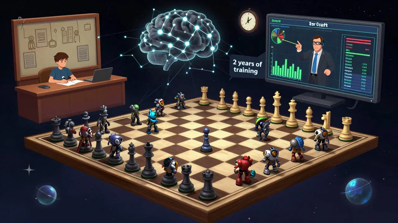 Шахматная доска из юнитов StarCraft 2, соединённая с мозгом и студентом в аудитории.