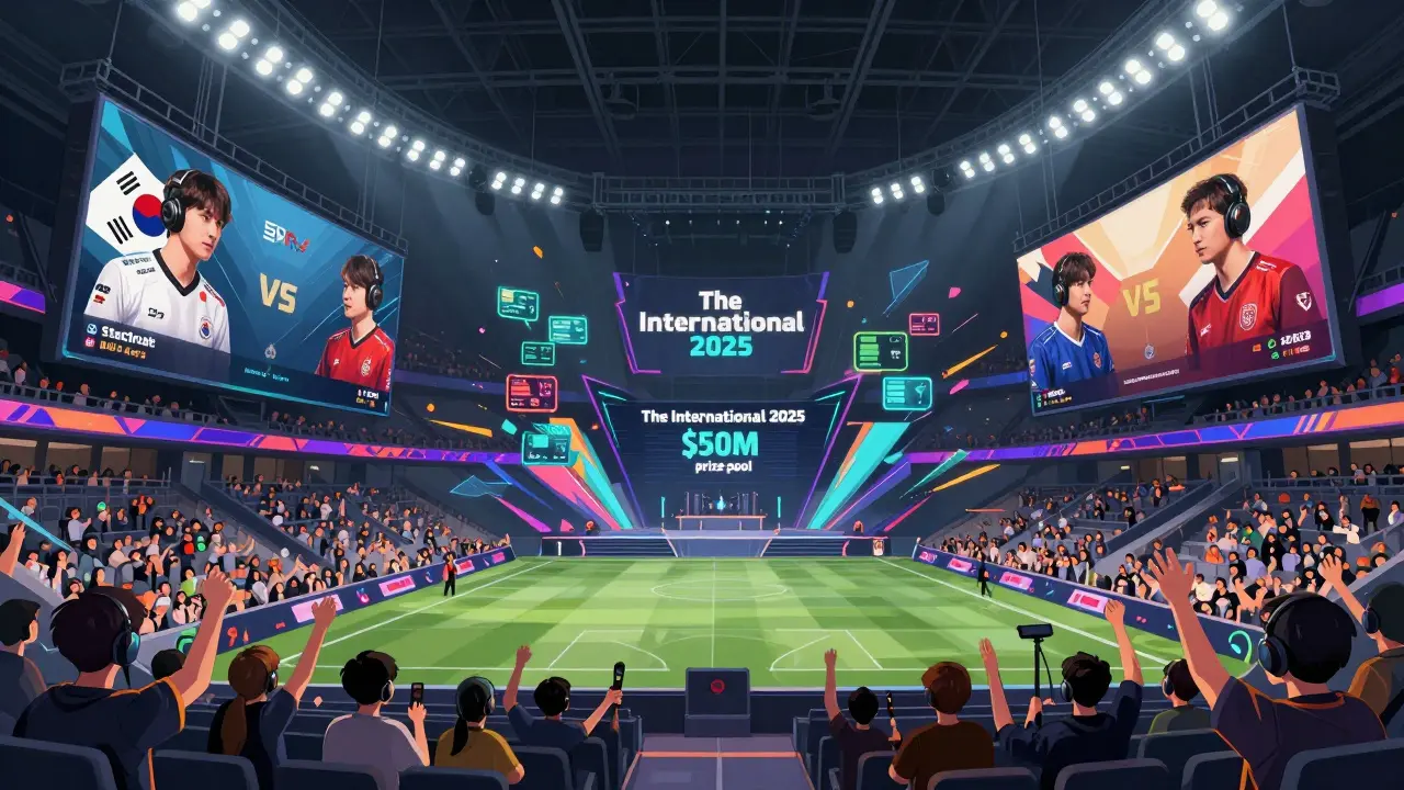 Современный киберспортивный турнир с тысячами зрителей и призовым фондом в 50 миллионов долларов.