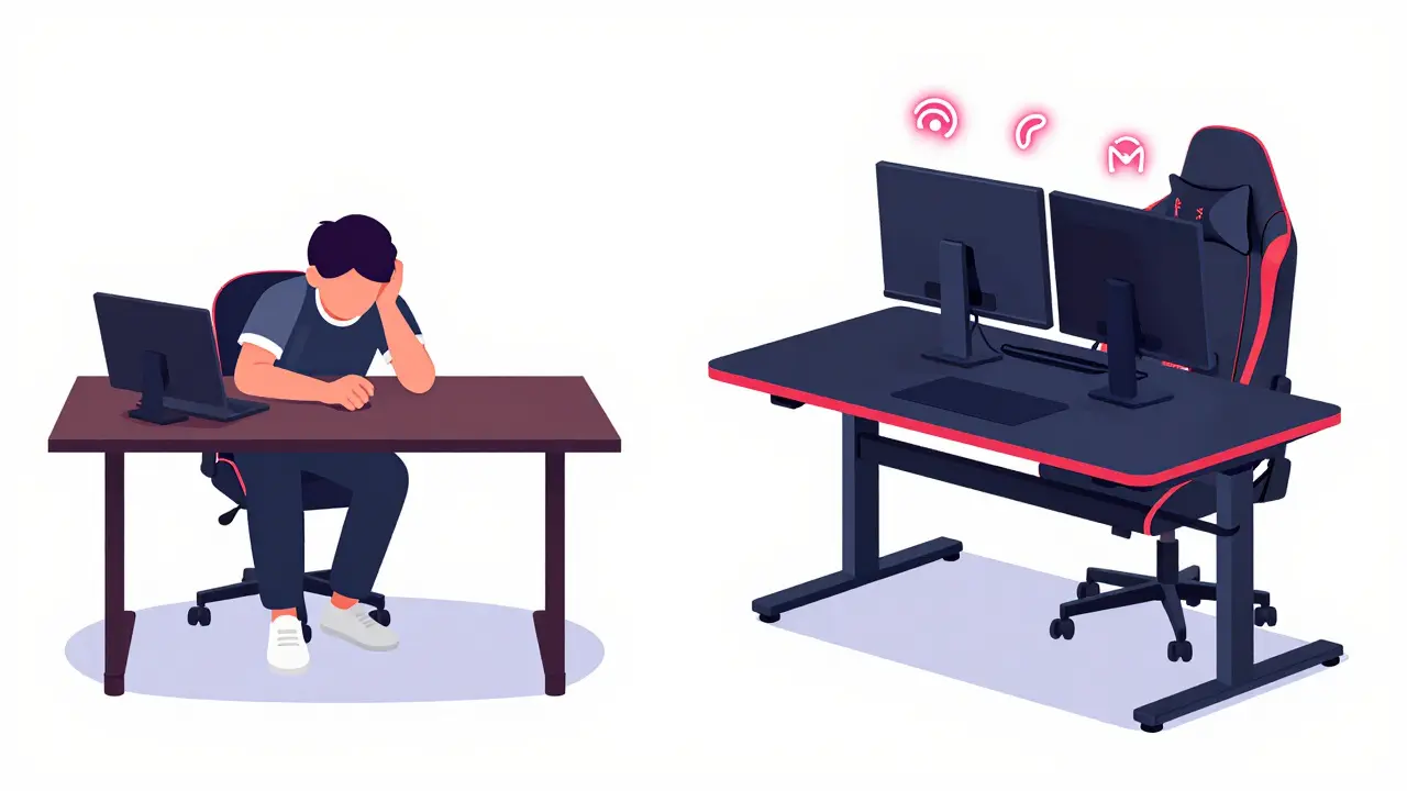 Сравнение неудобного офисного стола и эргономичного игрового стола с правильной осанкой игрока.
