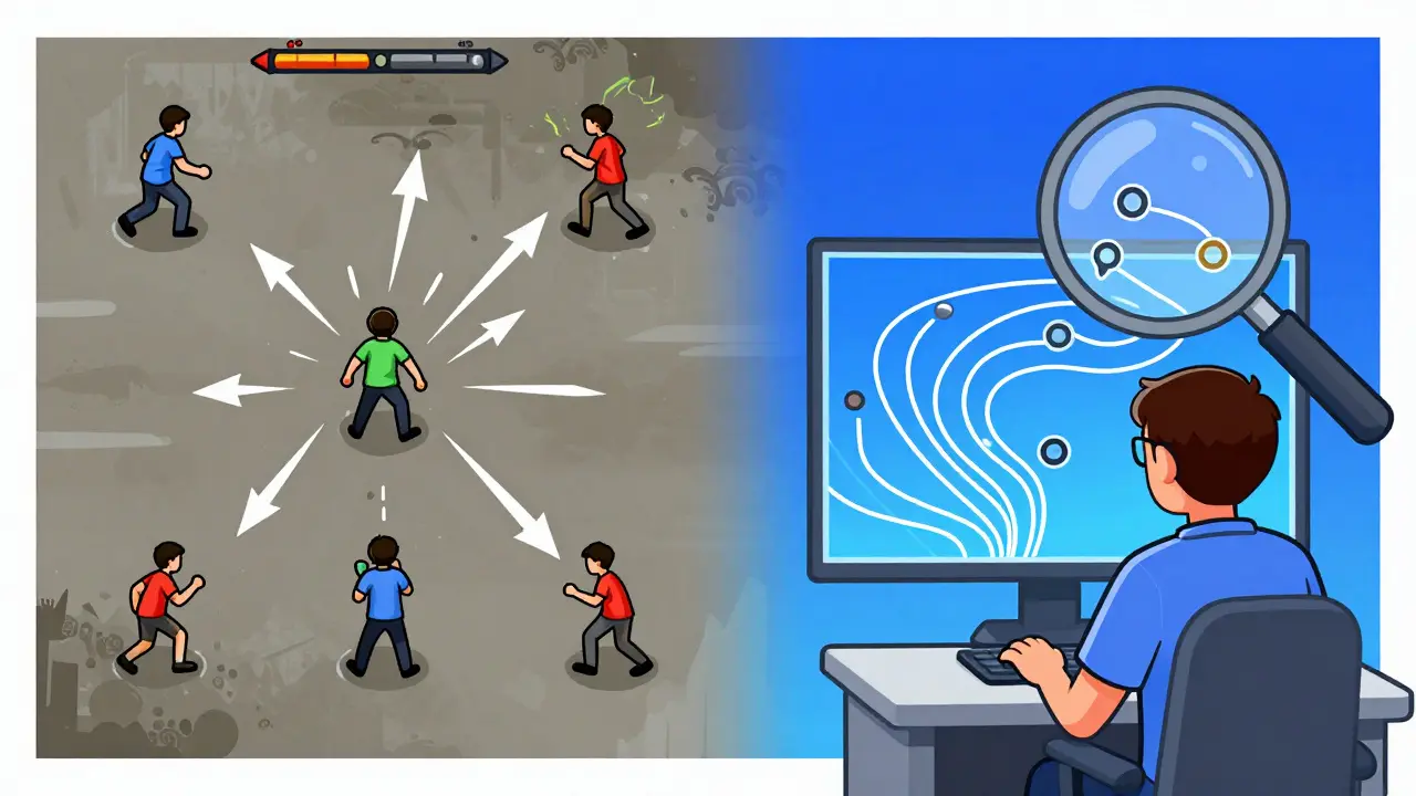 Сравнение новичка и профессионала: хаос против четких паттернов предсказания в игре.