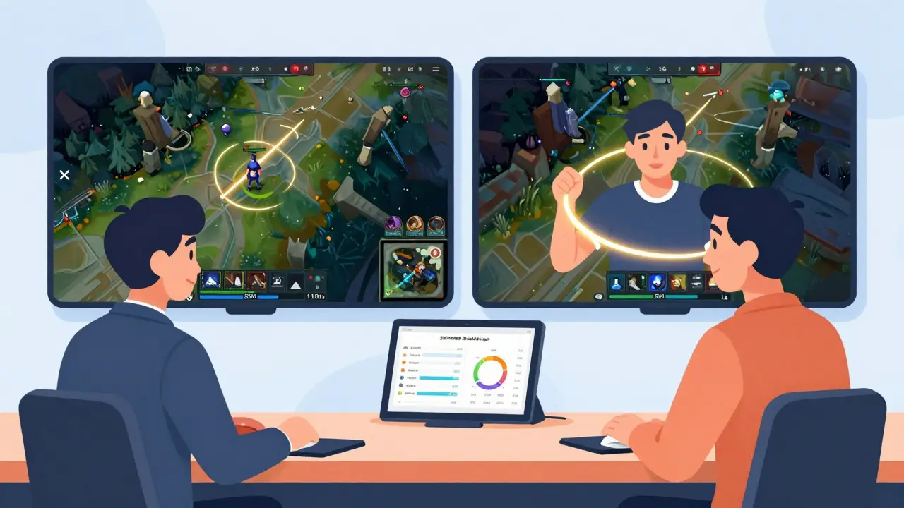 Тренер и игрок на видеозвонке, на экране сравниваются их позиционирования на карте Dota 2 с аналитикой.