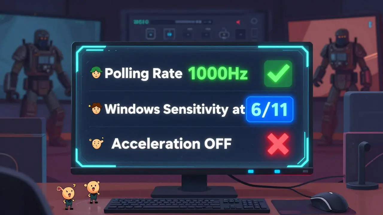 Цифровая панель с настройками мыши: частота опроса 1000 Гц, чувствительность Windows 6/11, ускорение отключено.