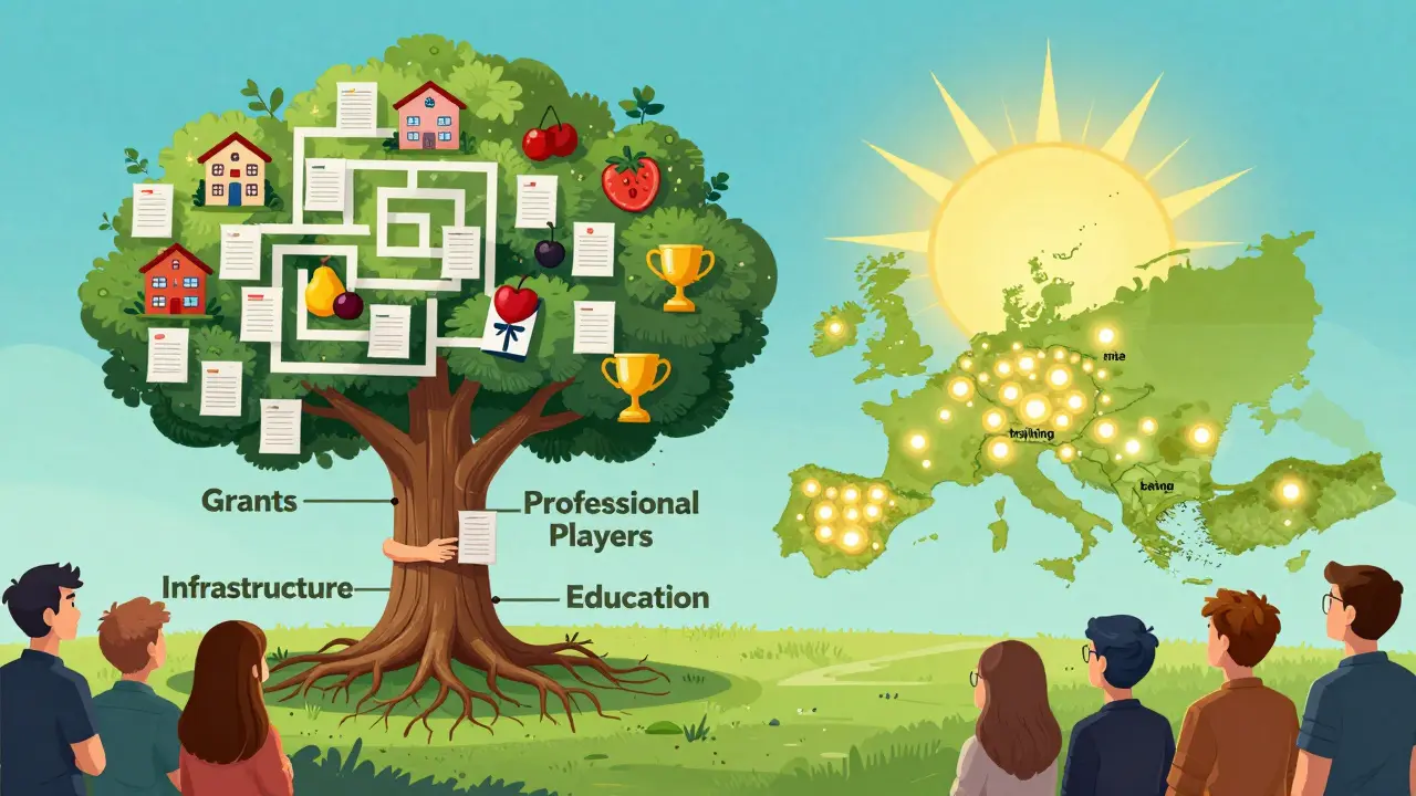 Дерево киберспорта с корнями из грантов и инфраструктуры, ветви с достижениями, но одна сторона заблокирована бюрократией.