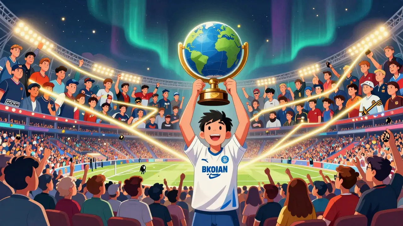 Финал Gamers Galaxy в Казани, 2026: игрок из Сибири поднимает глобус-трофей, за ним — мозаика всех участников турнира.