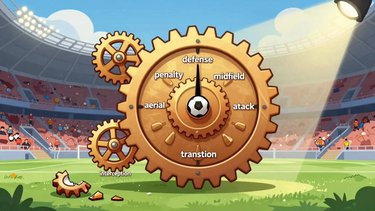 Футбольная команда как механизм часов: универсальный игрок — центральная шестерёнка, специалисты — вспомогательные, сломанная шестерёнка лежит внизу.
