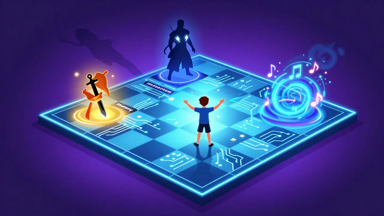 Геймер в центре трёх светящихся мотивов: мастерство, вызов и погружение, вокруг — геометрия игрового мира.