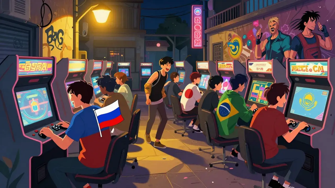 Глобальное сообщество игроков Tekken 8 собирается в ночном arcade, под неоновыми огнями, с символами разных стран.