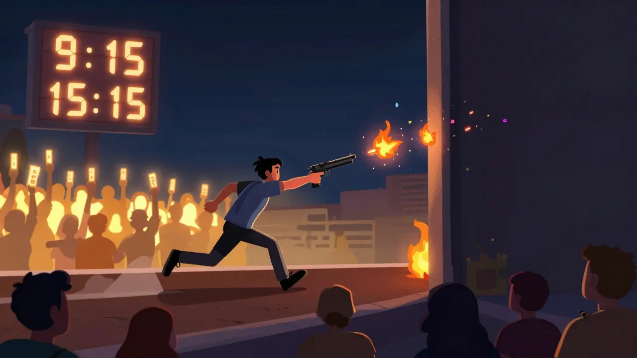 Игрок в действии: пули превращаются в огни, счёт меняется на глазах.