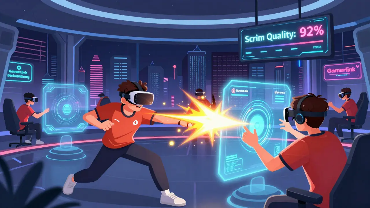 Игроки в VR-шлемах тренируются против голографических соперников в футуристическом центре киберспорта.