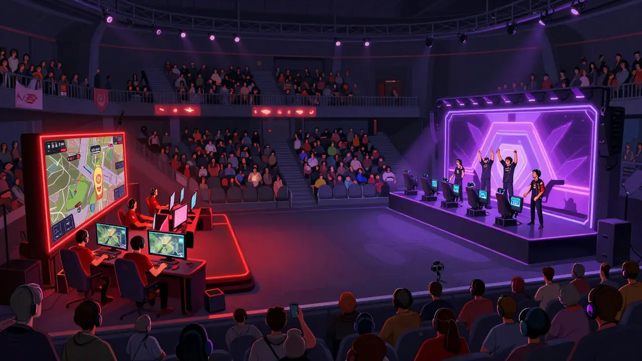 Киберспортивный зал с двумя аренами для разных игр и множеством зрителей на трибунах.