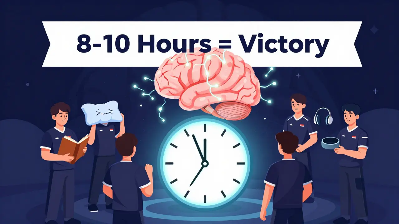 Команда киберспортсменов стоит вокруг часов, держа предметы для хорошего сна, а за ними — полностью восстановленный мозг.