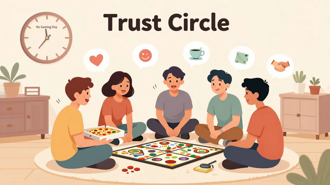 Команда проводит день без игр: играют в настольную игру, едят пиццу, смеются, нет техники, только люди.