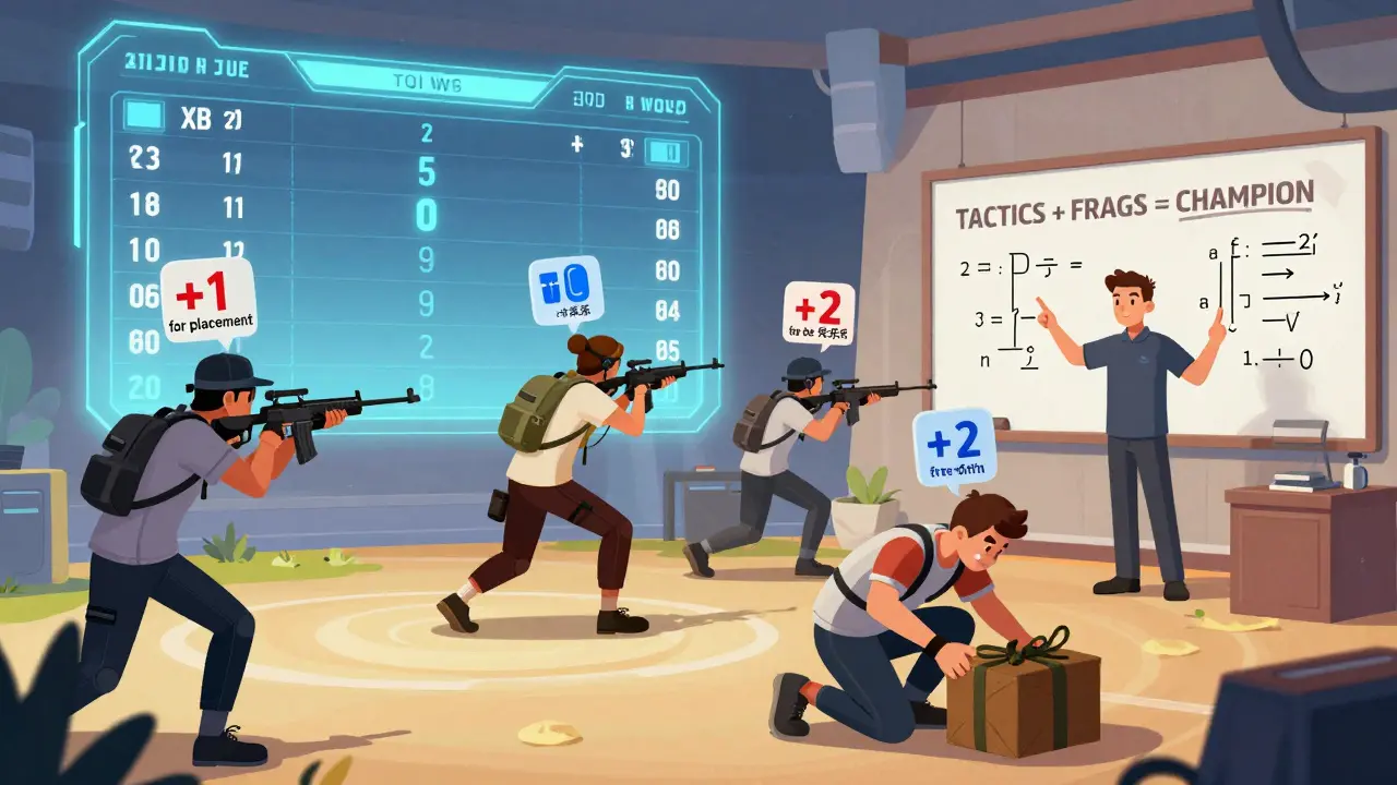 Команда в PUBG балансирует между убийствами и выживанием, над головами — динамические очки за действия.