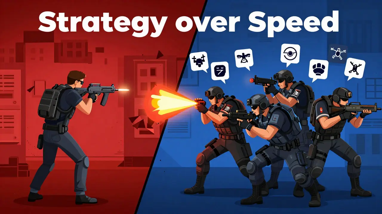 Контраст между хаотичным шутером и стратегическим Rainbow Six Siege — командная игра против одиночного действия.