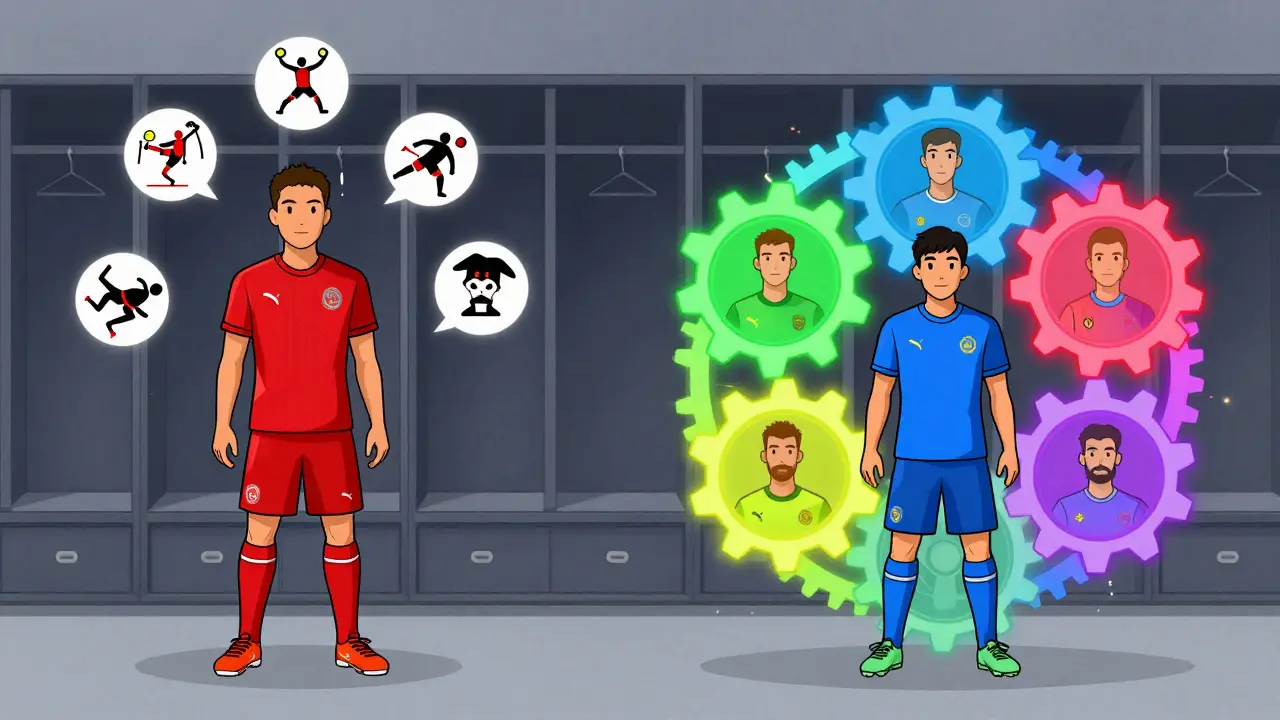 Контраст между узким специалистом и универсалом: один — с одним символом, другой — в центре вращающихся шестерёнок позиций.