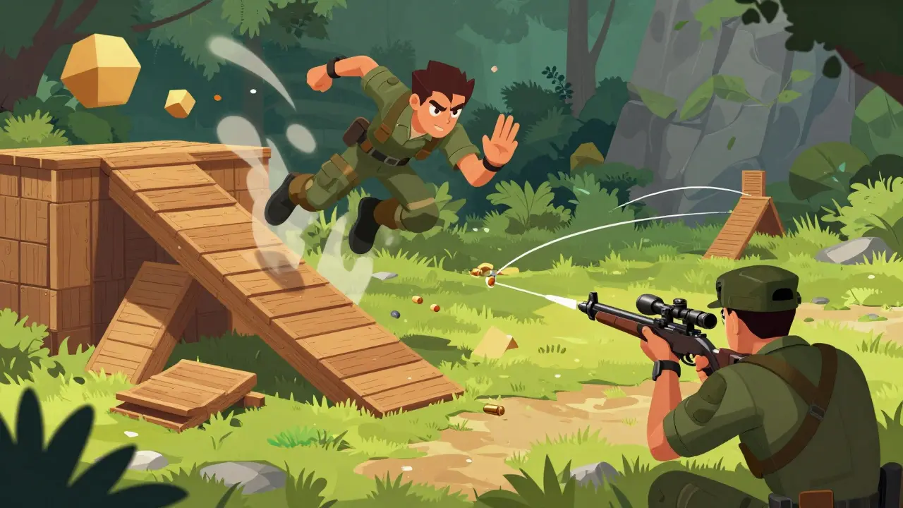 Механика игры: один персонаж быстро строит стены, другой стреляет с учётом гравитации.