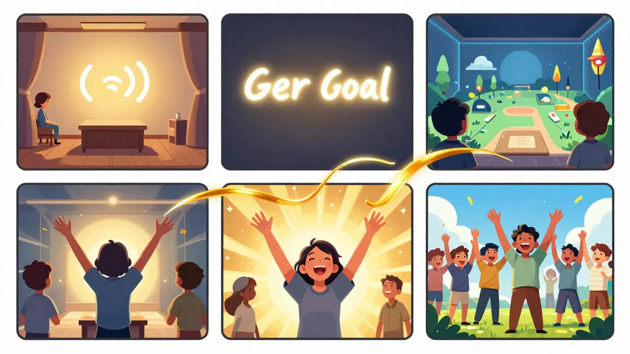 Пять панелей, показывающих пошаговую технику визуализации от спокойствия до победы.