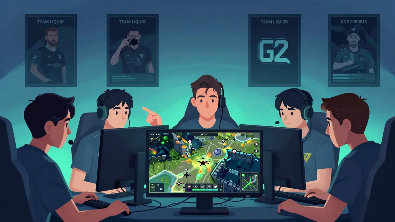 Профессиональная киберспортивная команда анализирует карту в тишине, обсуждая тактику без слов.