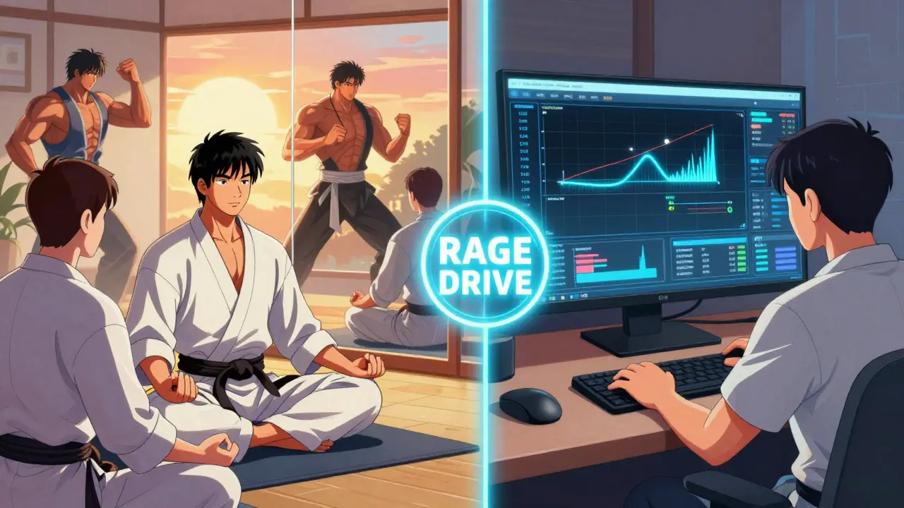 Разделённая сцена: японский игрок медитирует, русский анализирует матчи — между ними светящийся Rage Drive.
