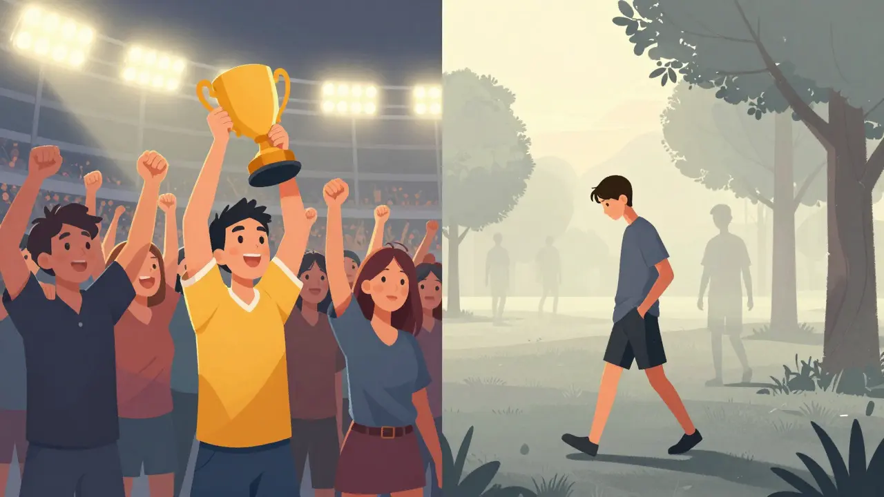 Разделённая сцена: бывший чемпион в стадионе и тот же человек в пустом парке на рассвете.