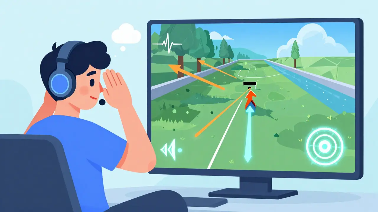 Разделённая сцена: реальный игрок и его трёхмерная мысленная визуализация игровой карты с траекториями выстрелов.