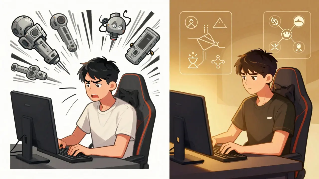 Разделенная сцена: Слева хаотичное копирование, справа аналитическое обучение