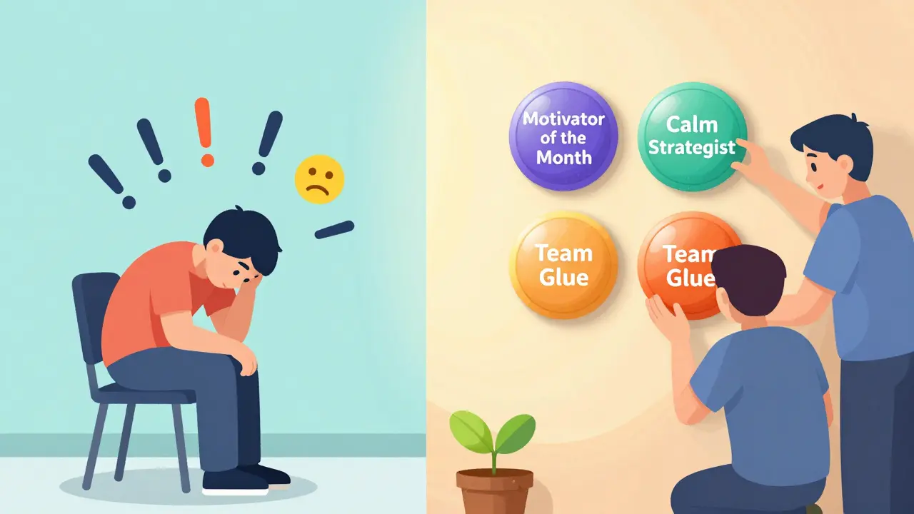 Слева — игрок после поражения, справа — команда клеит награды на стену, символы признания и надежды.