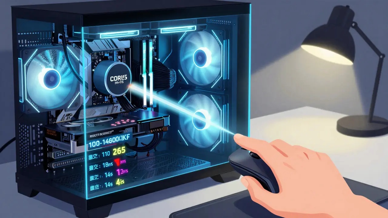 Современный игровой ПК с процессором и видеокартой, показывающий рост FPS и снижение задержки в Counter-Strike 2.