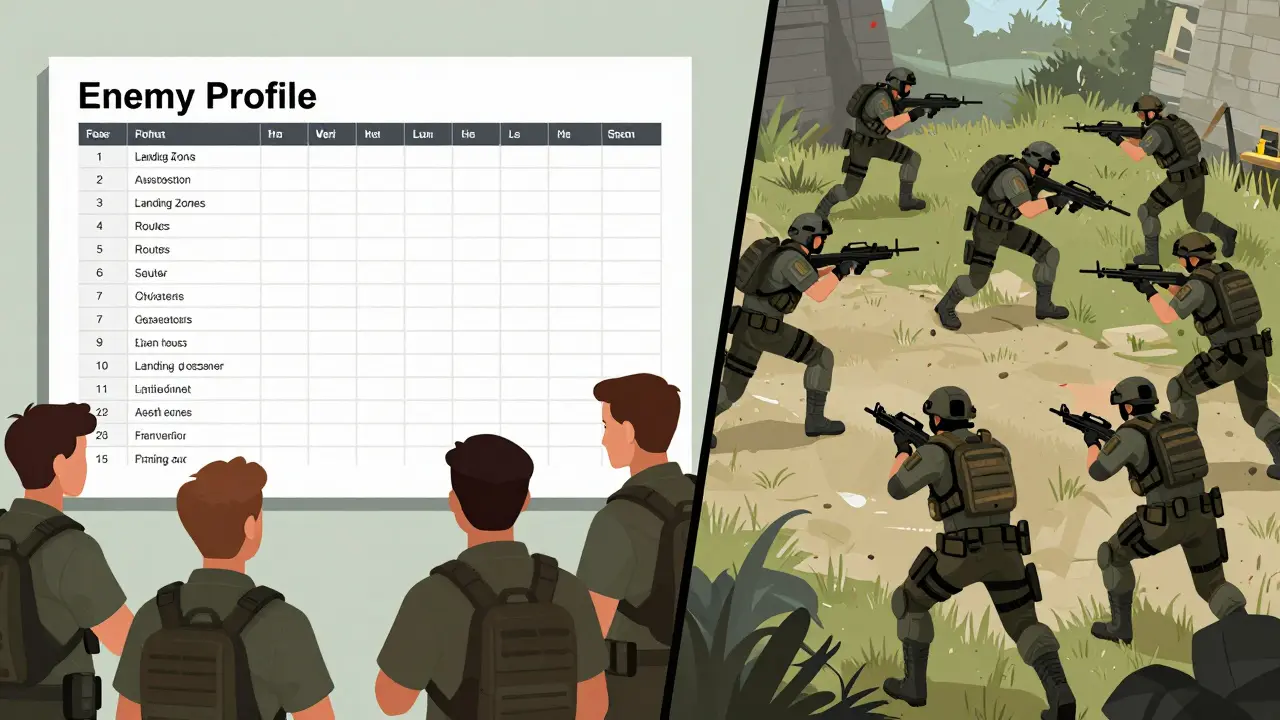 Сравнение анализа данных и игрового действия: команда использует разведку для точного удара.